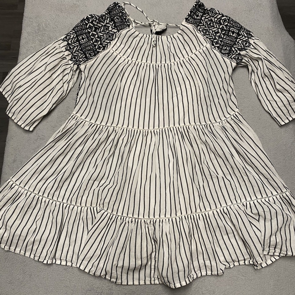 Free People Lola Embroidered Mini Dress Small White Black Boho Tassel